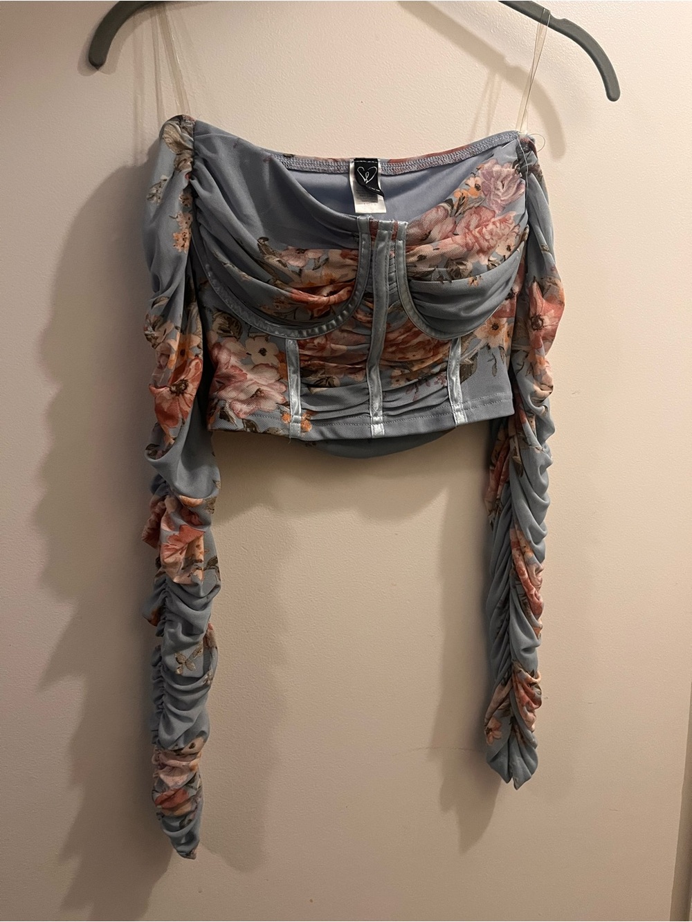 Windsor Passion for Floral Blue Ruched Off-Shoulder Crop Top